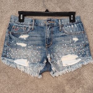 Hollister Blue Distressed Jean Shorts with Paint Splatter